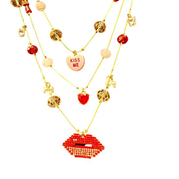 Multi-Strand Betsey Johnson Valentine's Lips Candy Hearts Necklace - Picture 1 of 4